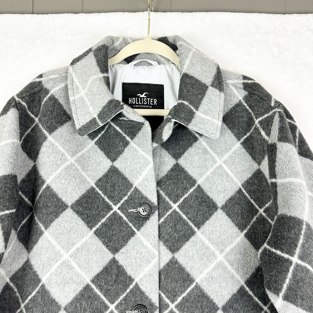 Hollister Argyle Plaid Coat Size Large Preppy Oversized Grey - Picture 3 of 6